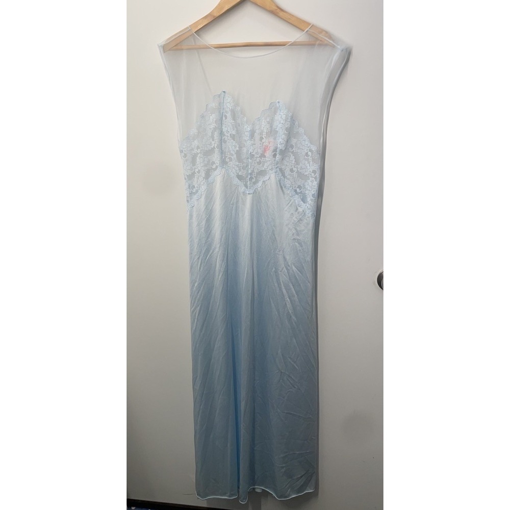 Vintage Sheer Top Lace Ice Blue Maxi Nylon Nightgown Size Medium Romantic Moods